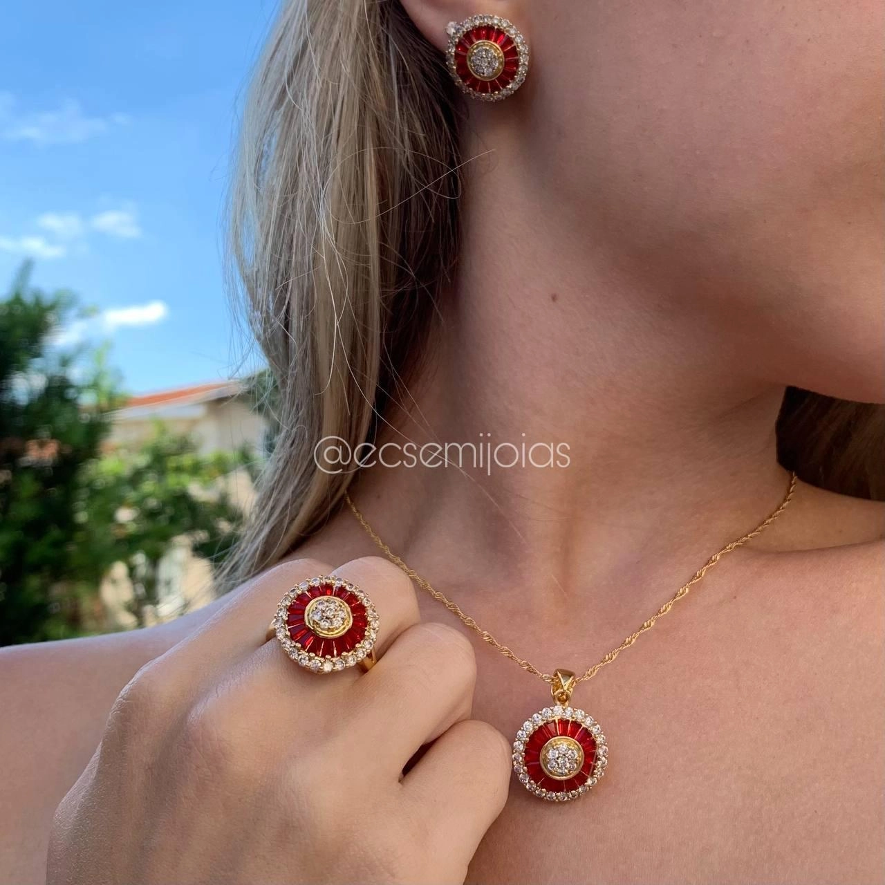 Conjunto brinco, colar e anel pizza ruby