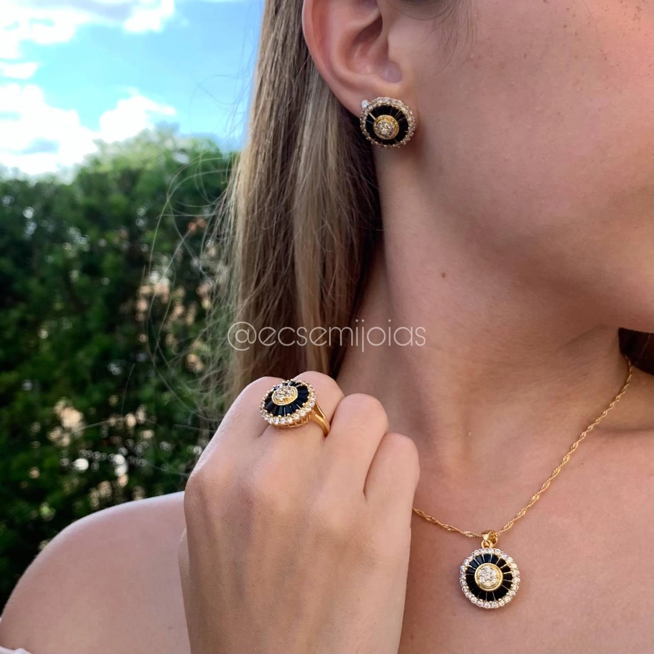 Conjunto brinco, colar e anel pizza negro