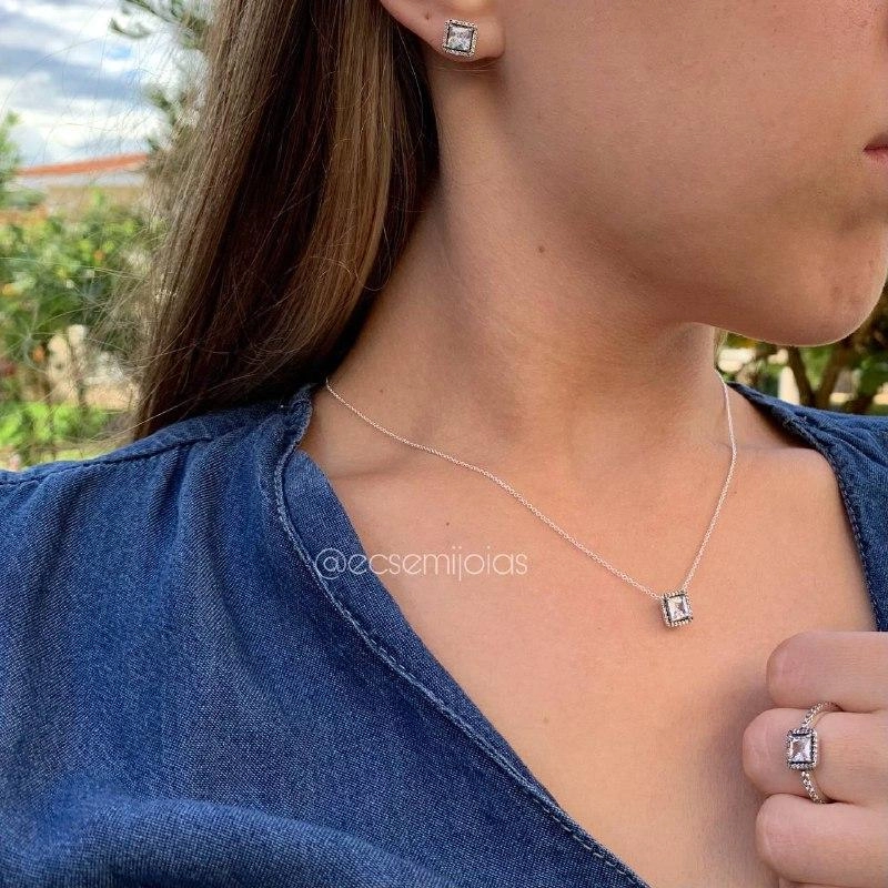Conjunto brinco, colar e anel quadrado cravejado com pedra maior no centro  - PRATA 925- 50cm