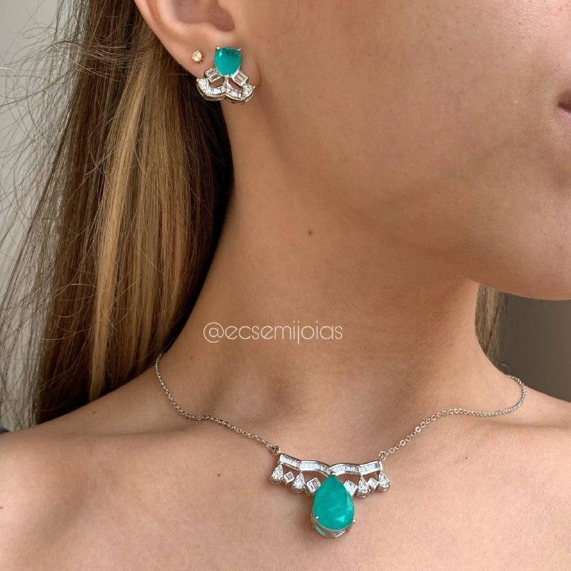 Conjunto de brinco e colar pedra gota em volta pedras baguetes- banhado a ródio branco