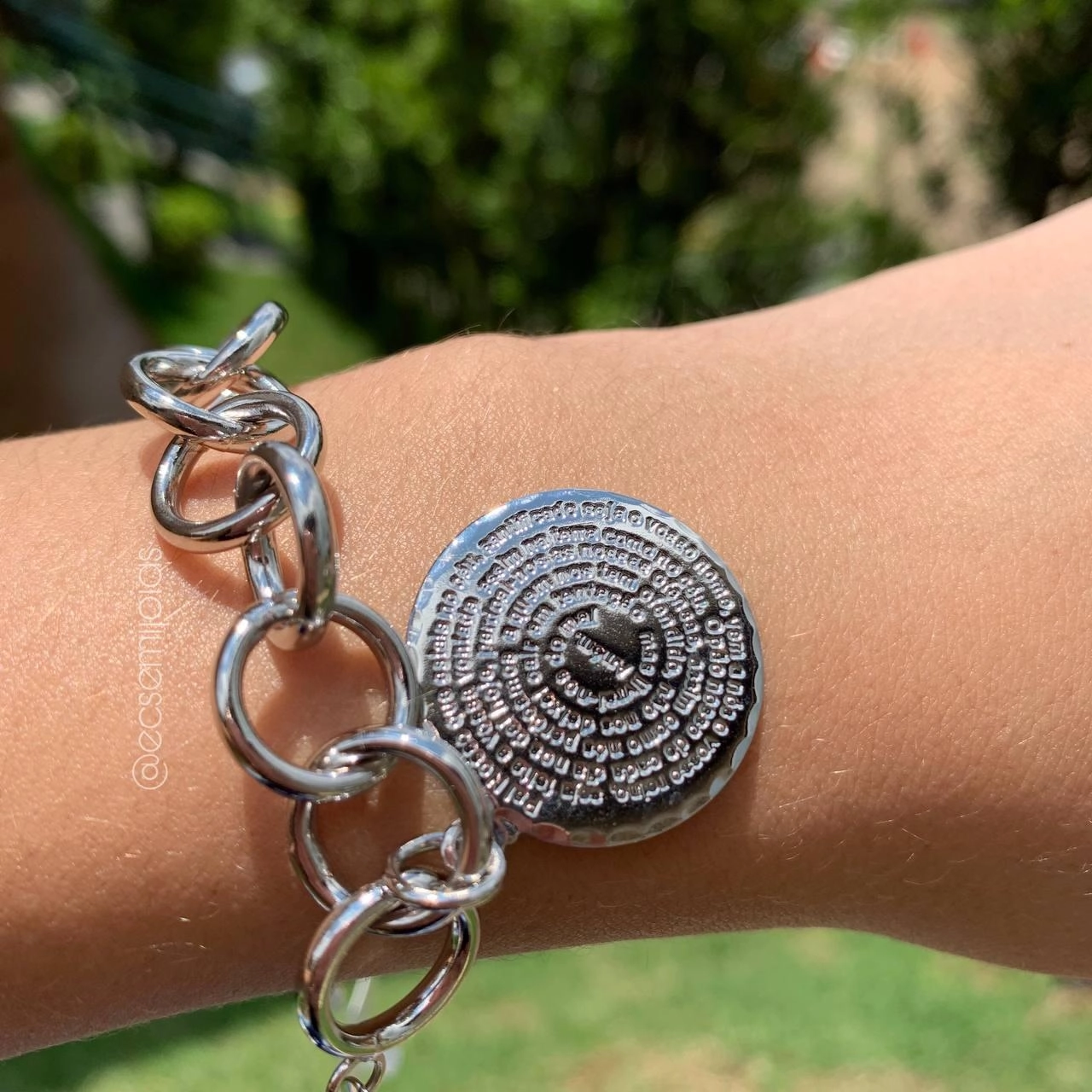 Pulseira elos grandes portguês com medalha oração pai nosso -13mm espessura- banhado ródio branco