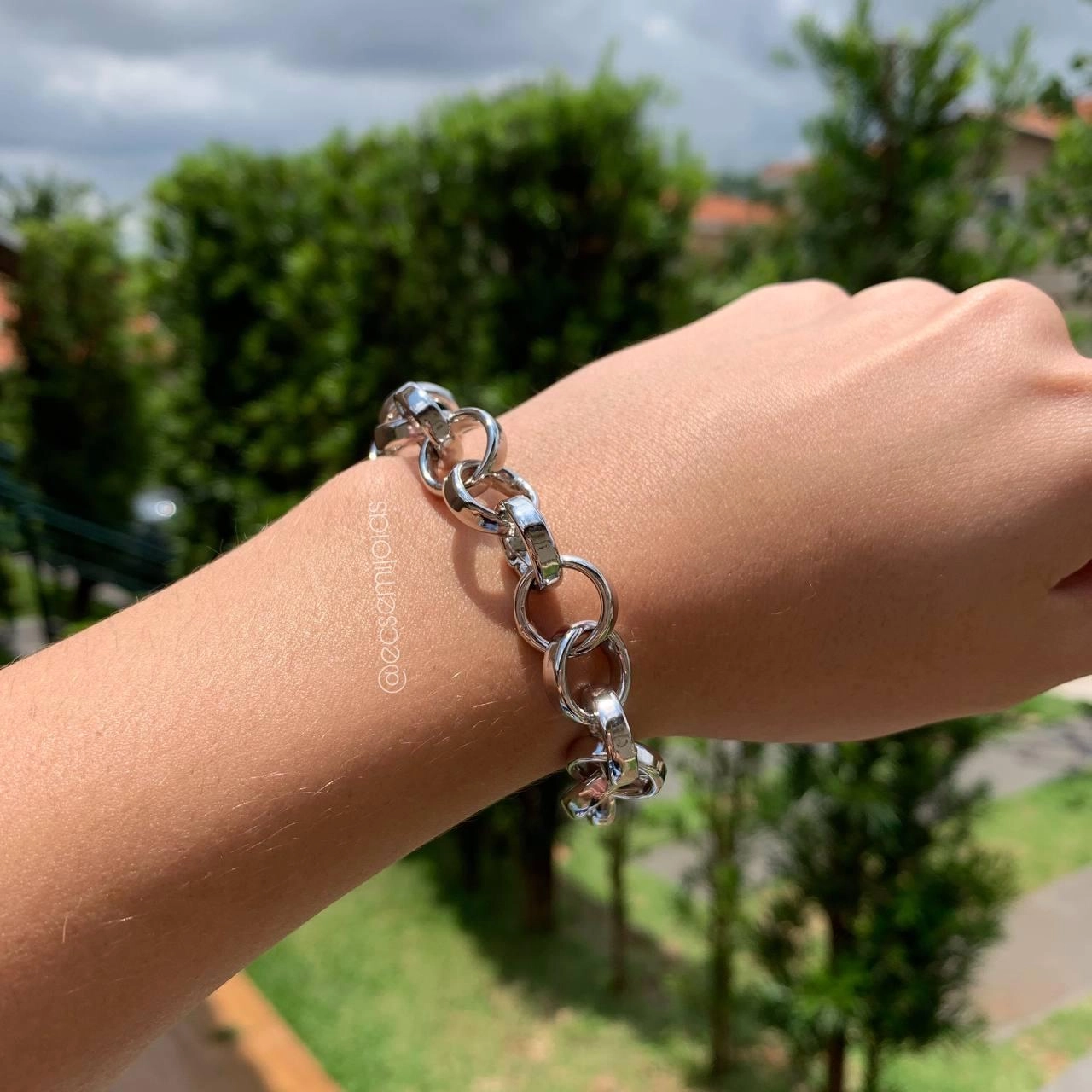 Pulseira elos redondos grandes português fecho boia-13 mm espessura- banhado ródio branco