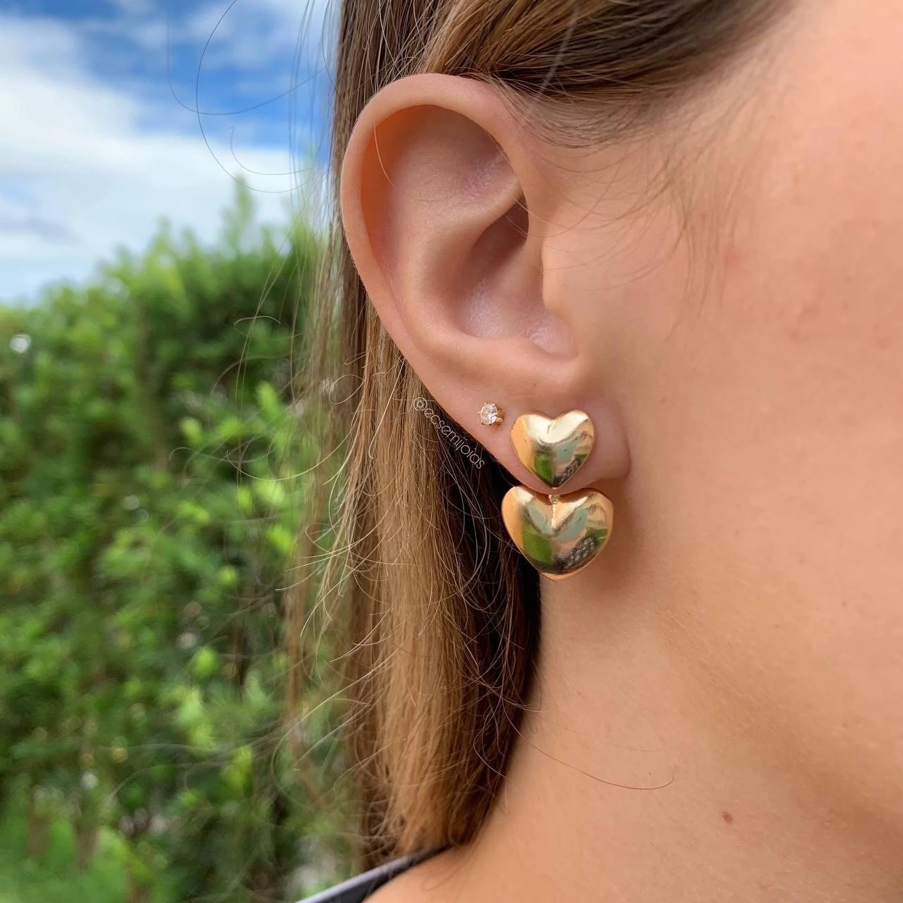 Brinco ear jacket de coração - banhado a ouro 18k