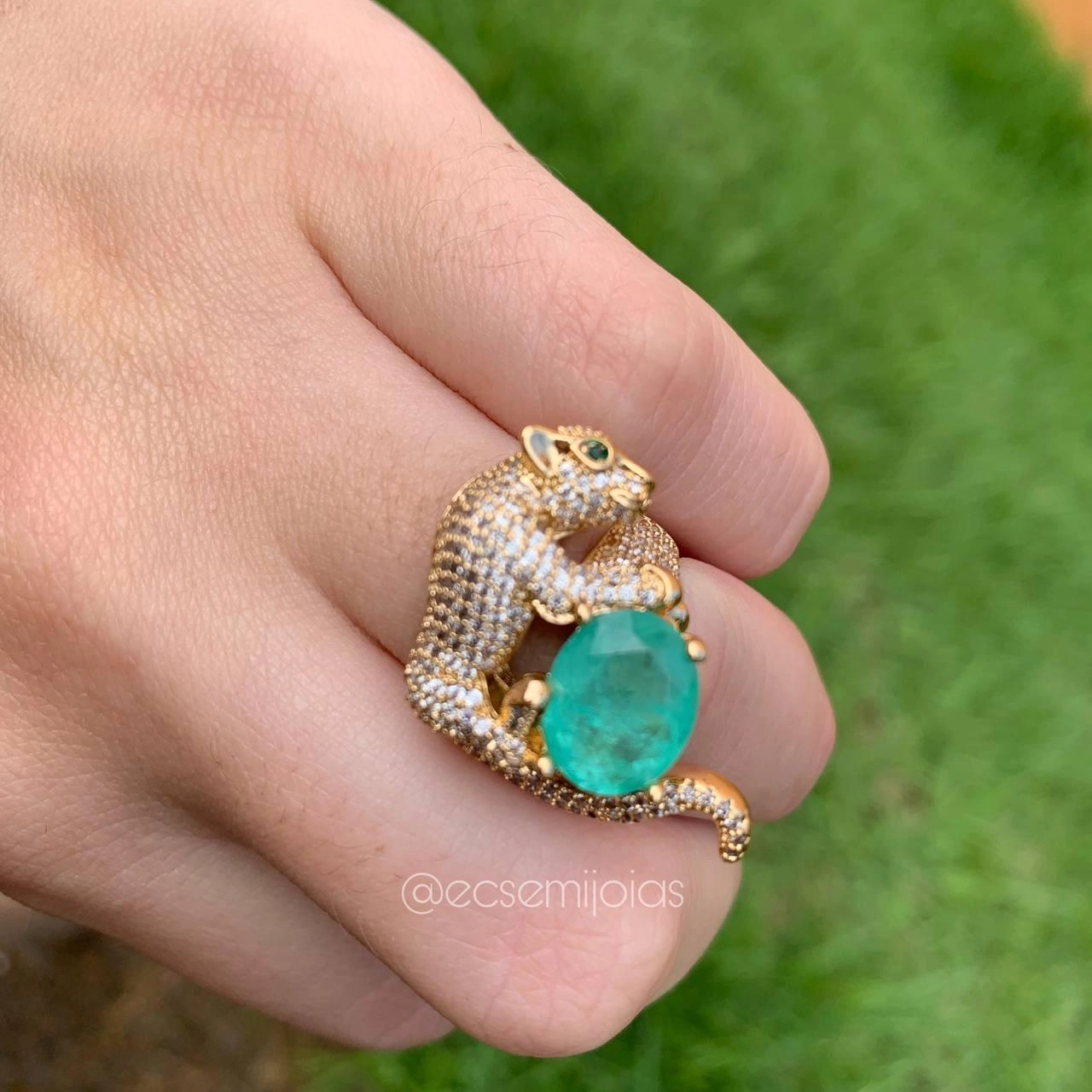Conjunto brinco, colar e anel pantera cravejada - banhada a ouro 18k