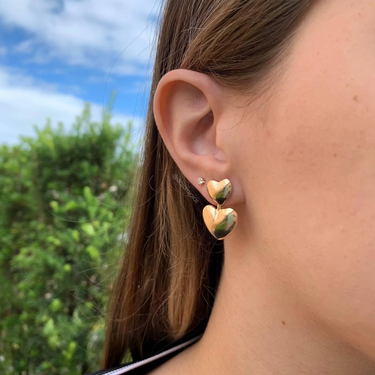 Brinco ear jacket de coração - banhado a ouro 18k