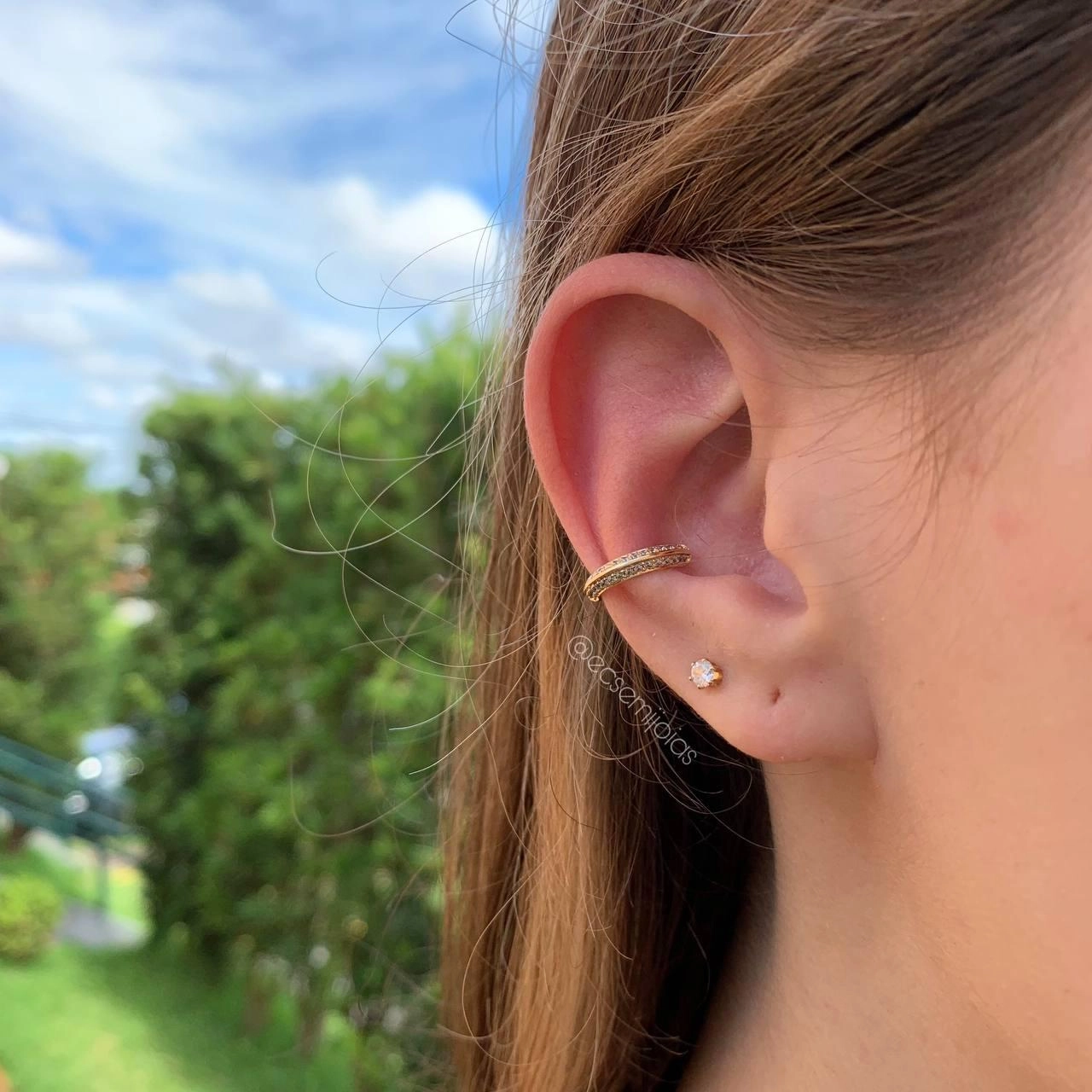 Brinco piercing 2 fileiras cravejadas  - banhado a ouro 18k
