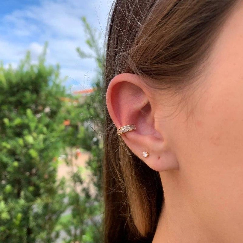 Brinco piercing 2 fileiras cravejadas   - banhado a ouro 18k