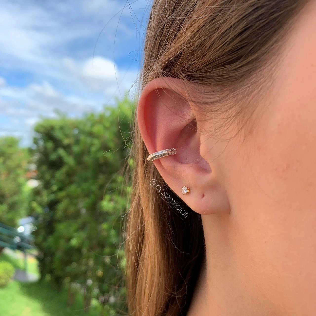 Brinco piercing 2 fileiras cravejadas  - banhado a prata 925