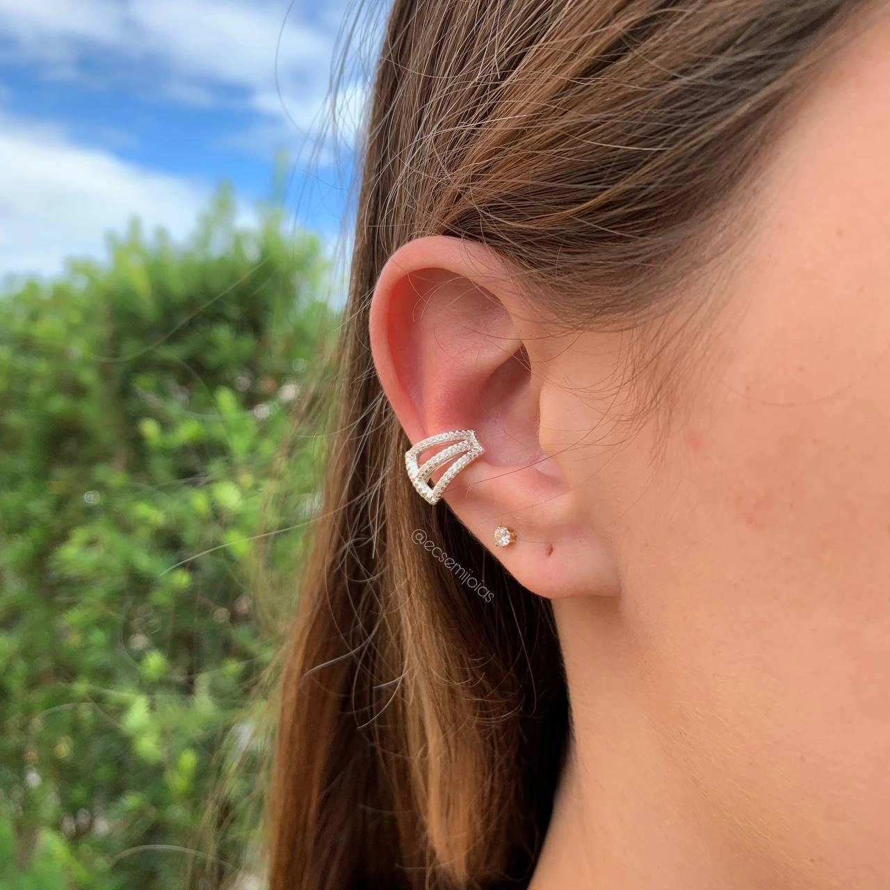 Brinco piercing 3 fios cravejados -  banhada a prata 925