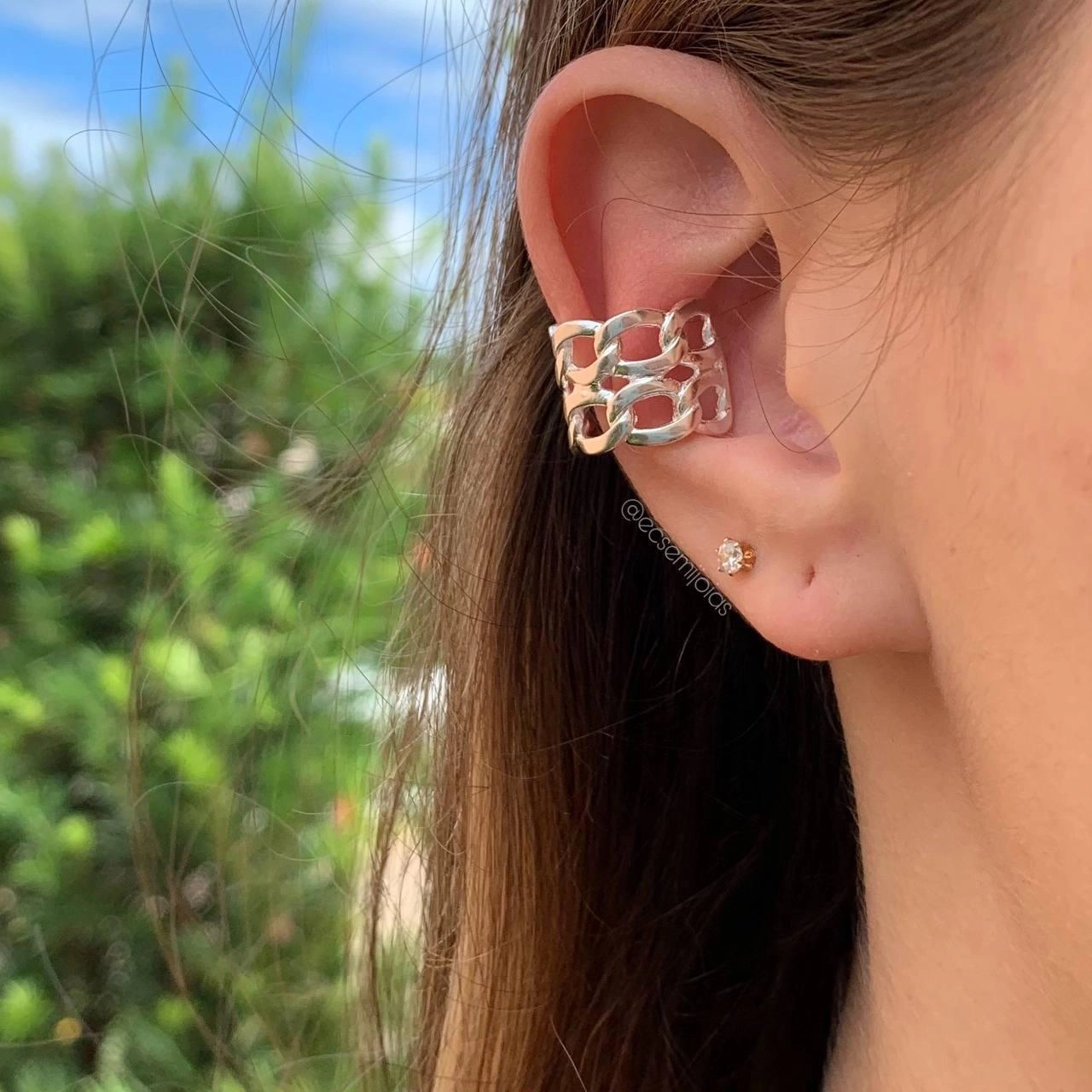 Brinco piercing elos corrente - banhado a prata 925
