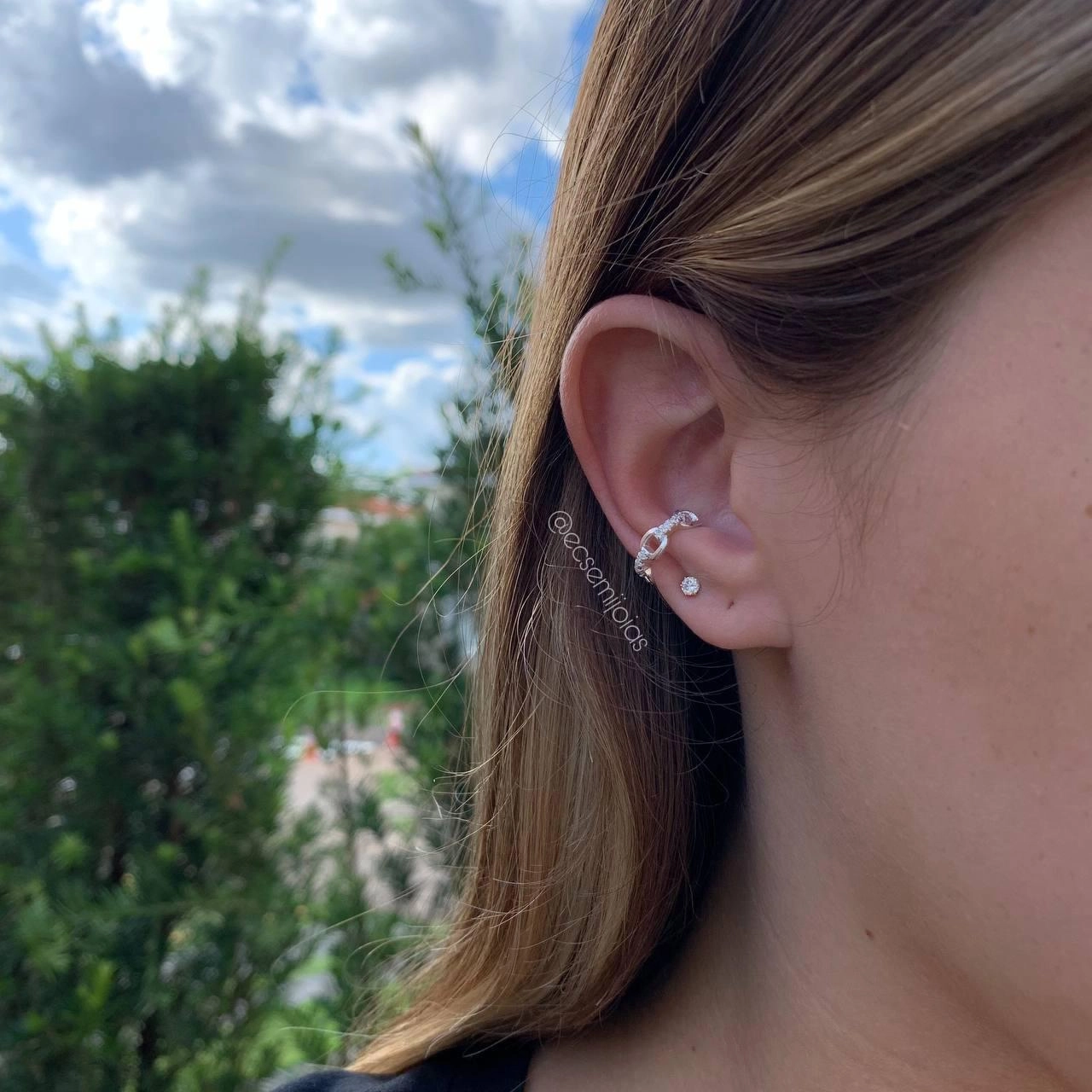 Brinco piercing elos liso e cravejado    - banhado a prata 925