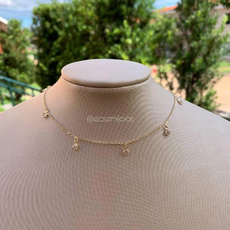 choker  7 zircônias corrente portuguesinha - banhado a ouro 18k