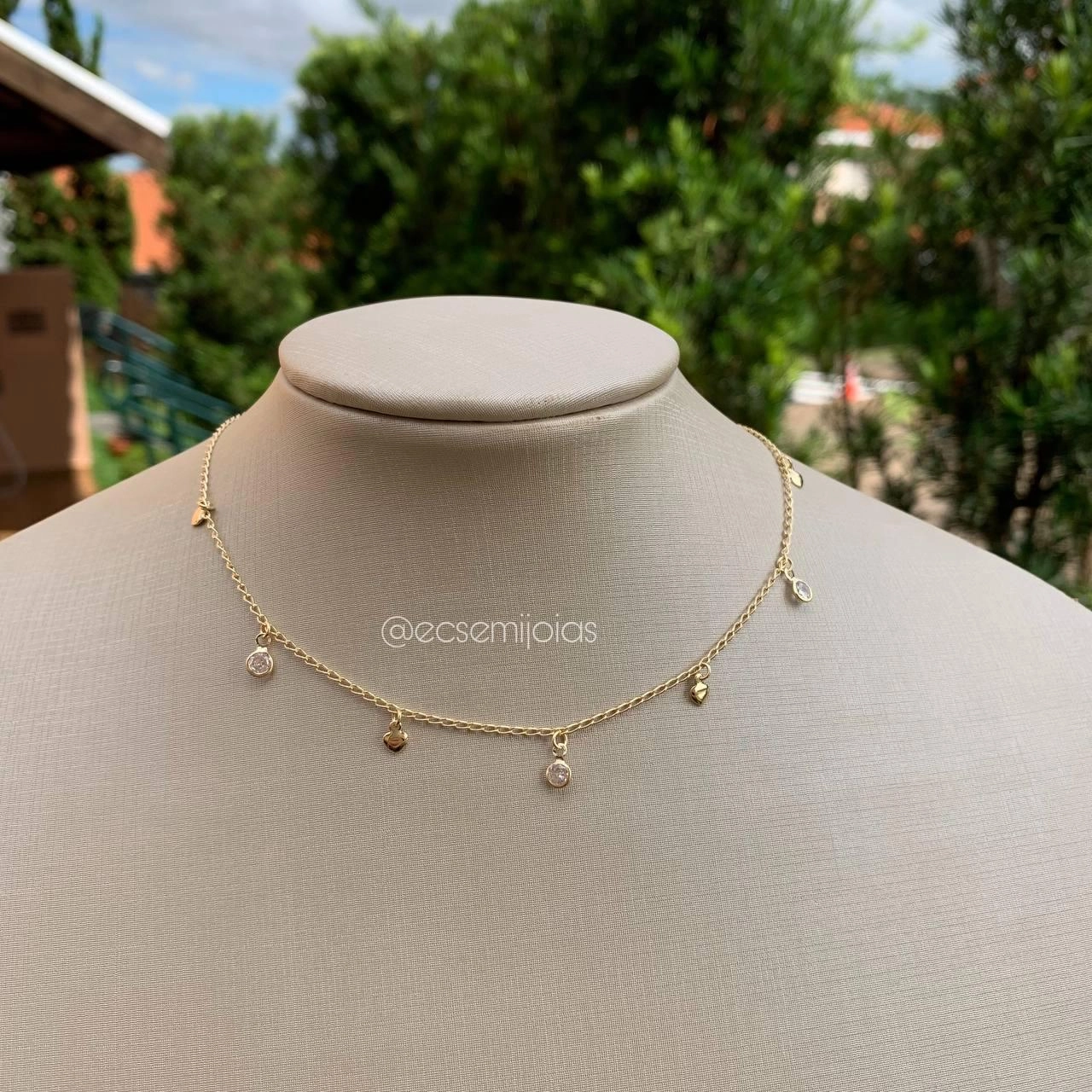choker corações e ponto de luz  - banhado a ouro 18k