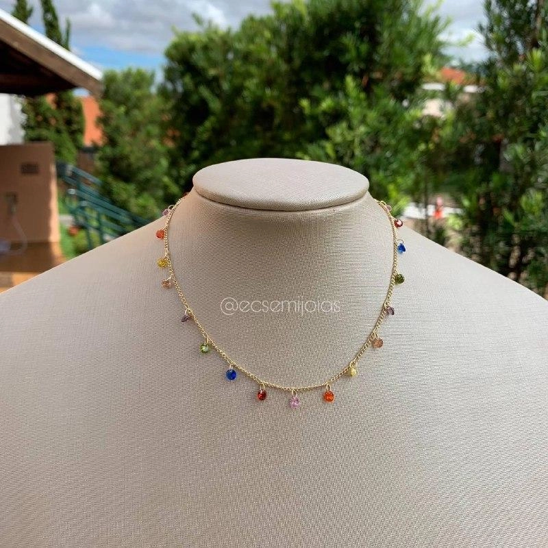 Choker pedrinhas redondas coloridas - banhado a ouro 18k