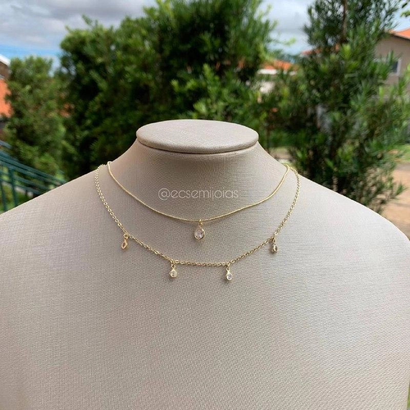 Colar 2 andares delicado com ponto de luz - banhado a ouro 18k