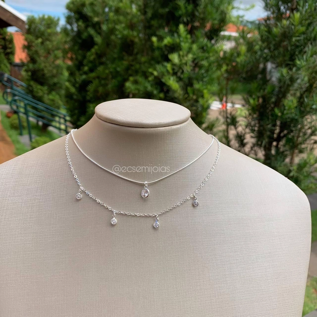 Colar 2 andares delicado com ponto de luz - banhado a prata 925