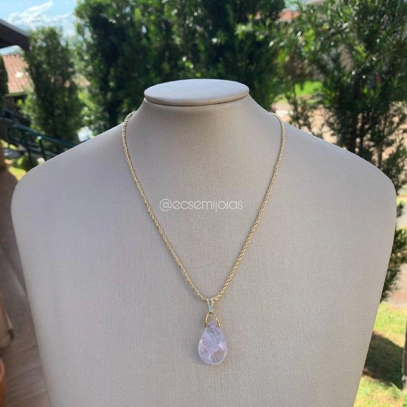 Colar cordão baiano com pingente gota quartzo branco - banhado a ouro 18k