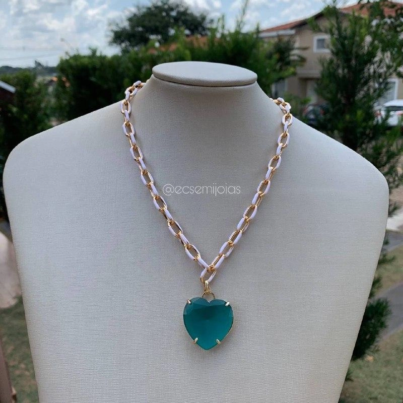 Colar elos resinado com coração - banhado a ouro 18k