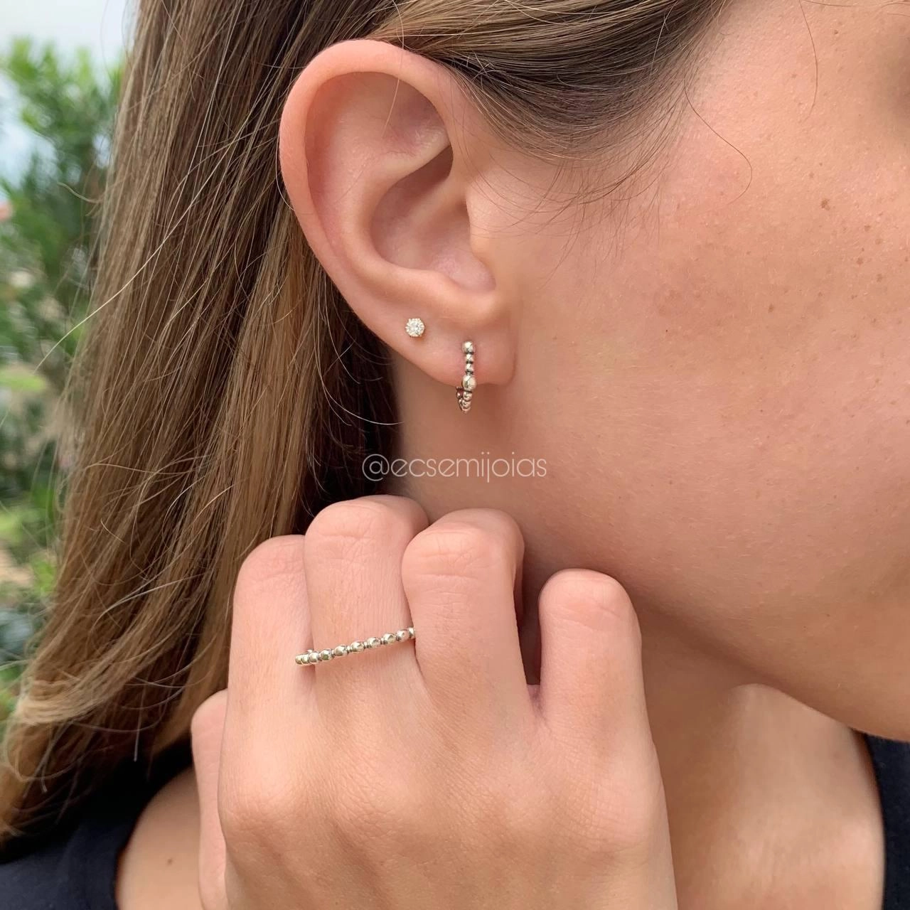 Conjunto anel e brinco bolinhas - PRATA 925
