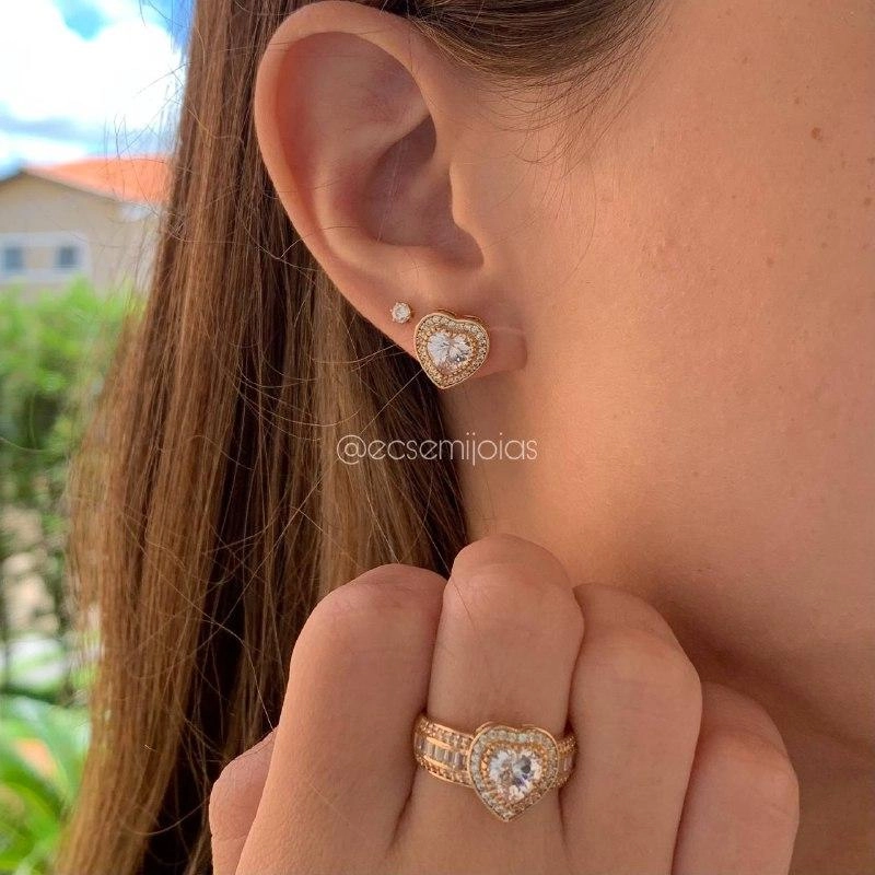 Conjunto anel e brinco coração cravejado - banhado a ouro 18k