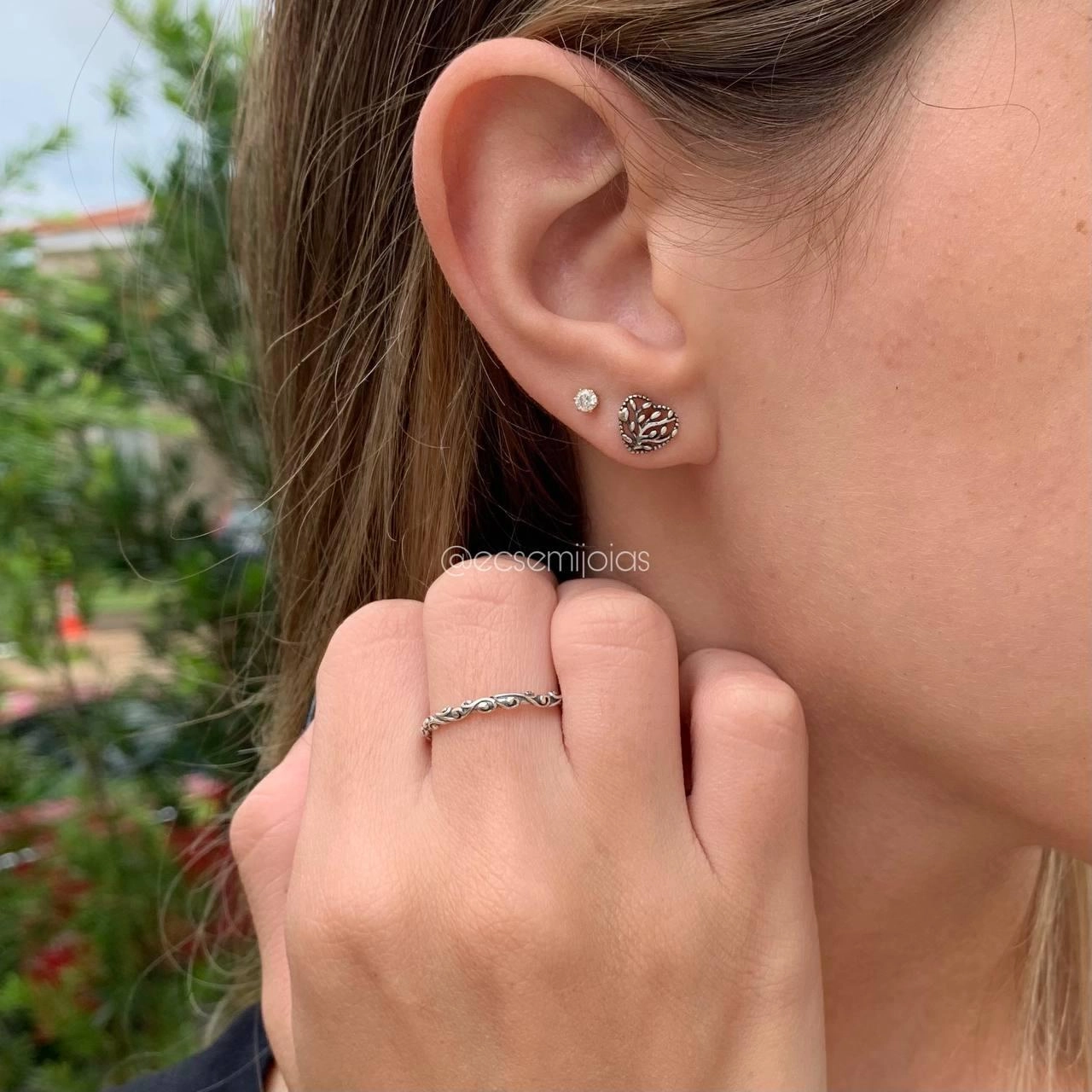 Conjunto anel e brinco coração e folhas  - PRATA925
