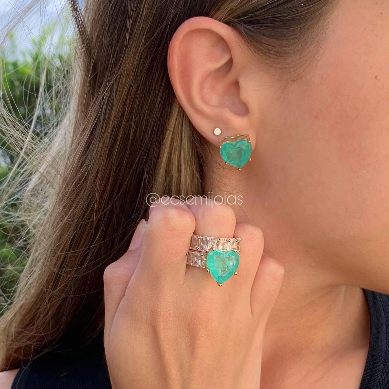 Conjunto anel e brinco coração fusion  banhado a ouro 18k