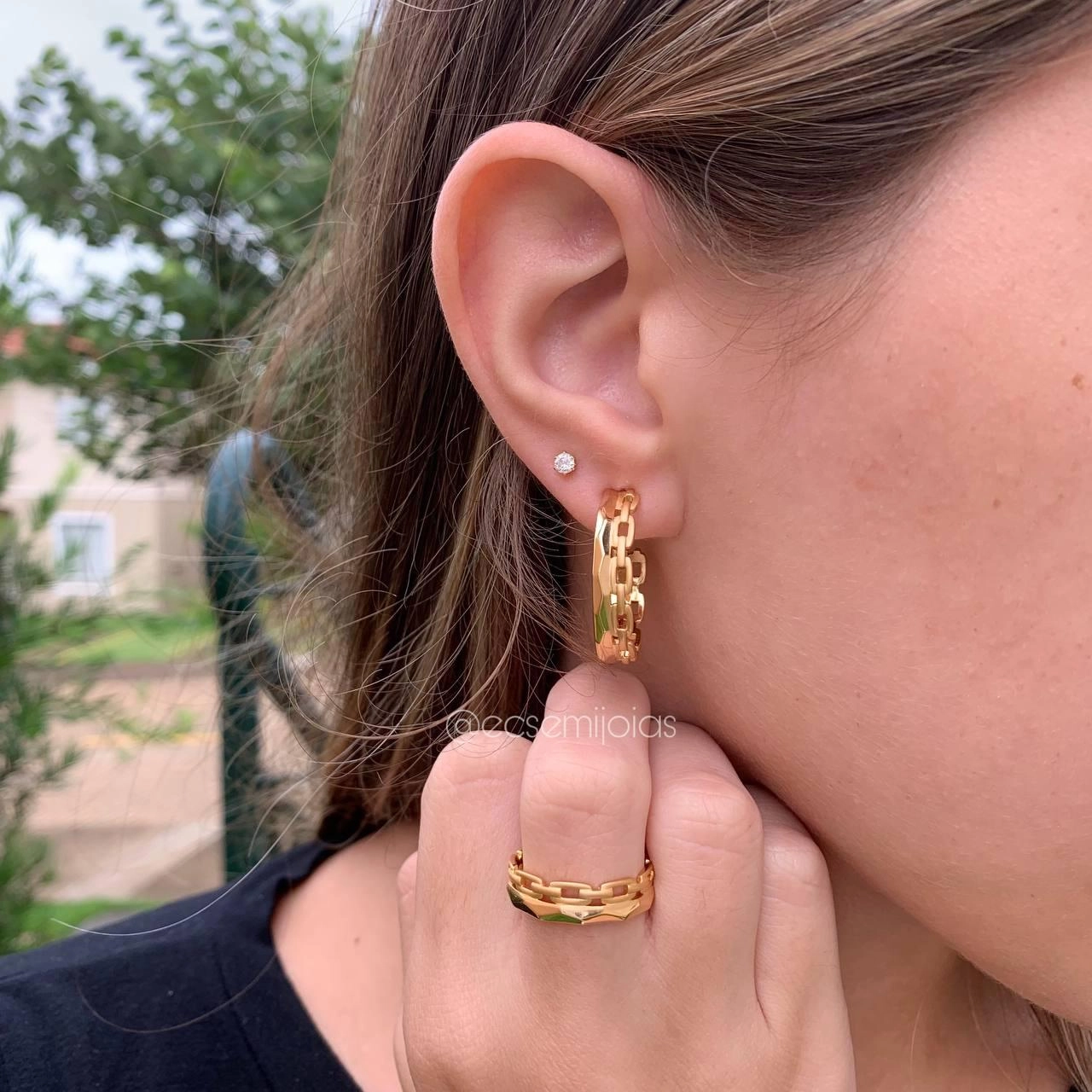 Conjunto anel e brinco corrente liso - banhado a ouro 18k