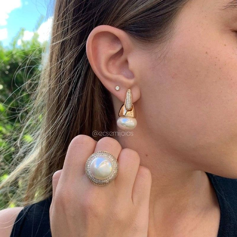 conjunto  anel e brinco cravejado com pérola na ponta - banhado a ouro 18k