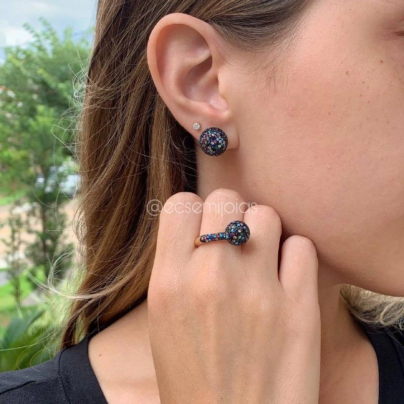 Conjunto anel e brinco de bola cravejado - banhado a ouro 18k