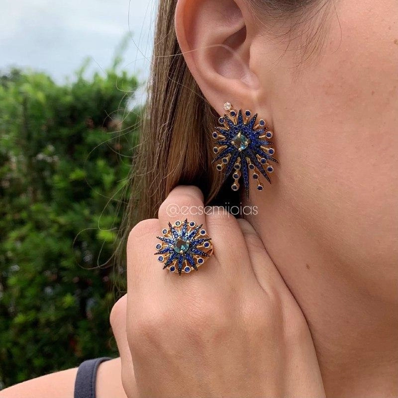 Conjunto anel e brinco pavão cravejado - banhado a ouro 18k