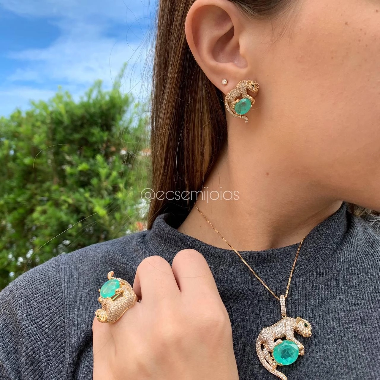 Conjunto brinco, colar e anel pantera cravejada - banhada a ouro 18k