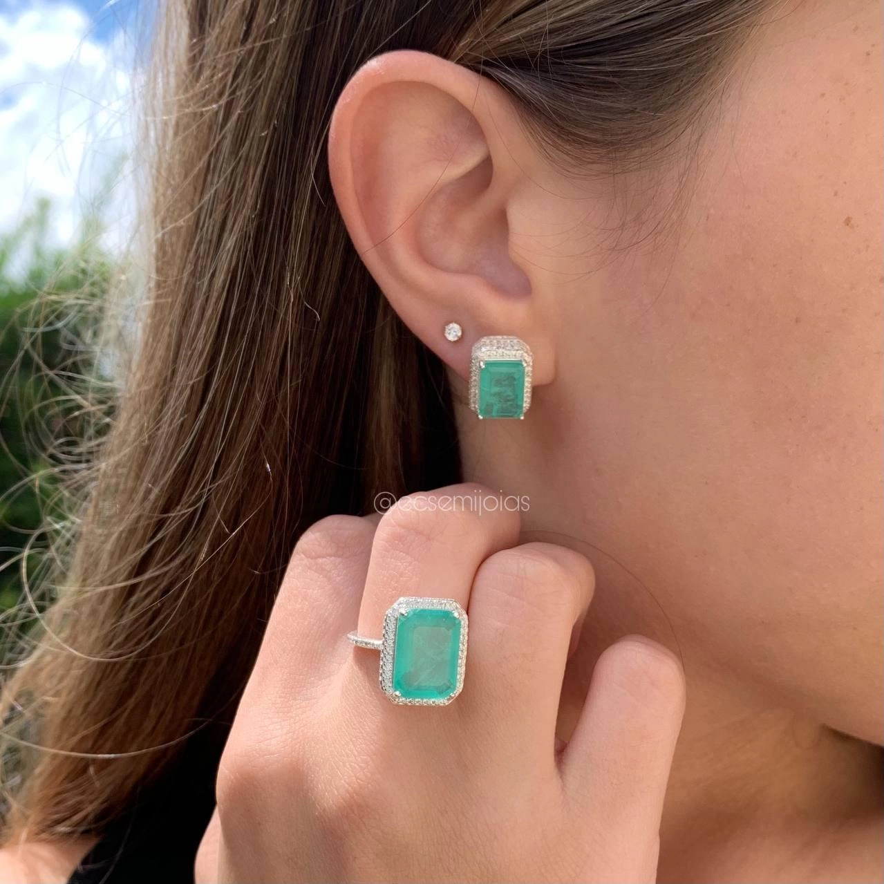 Conjunto brinco e anel retangular cravejado com pedra fusion - PRATA 925