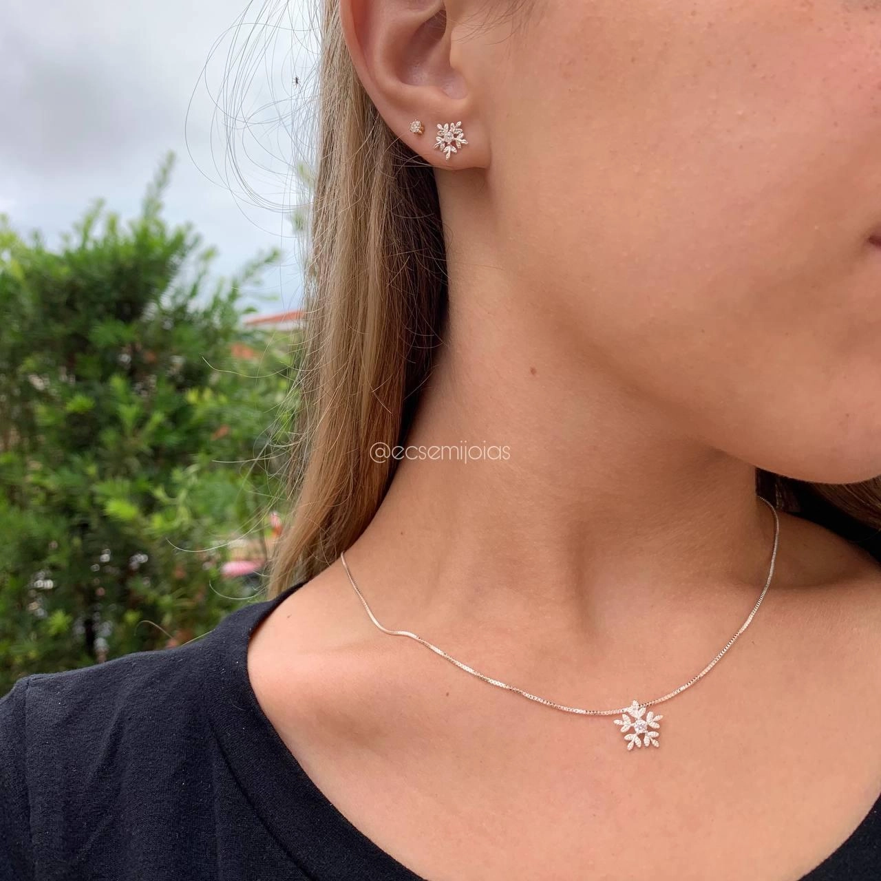 Conjunto de Brinco e Colar  flocos de neve - PRATA 925