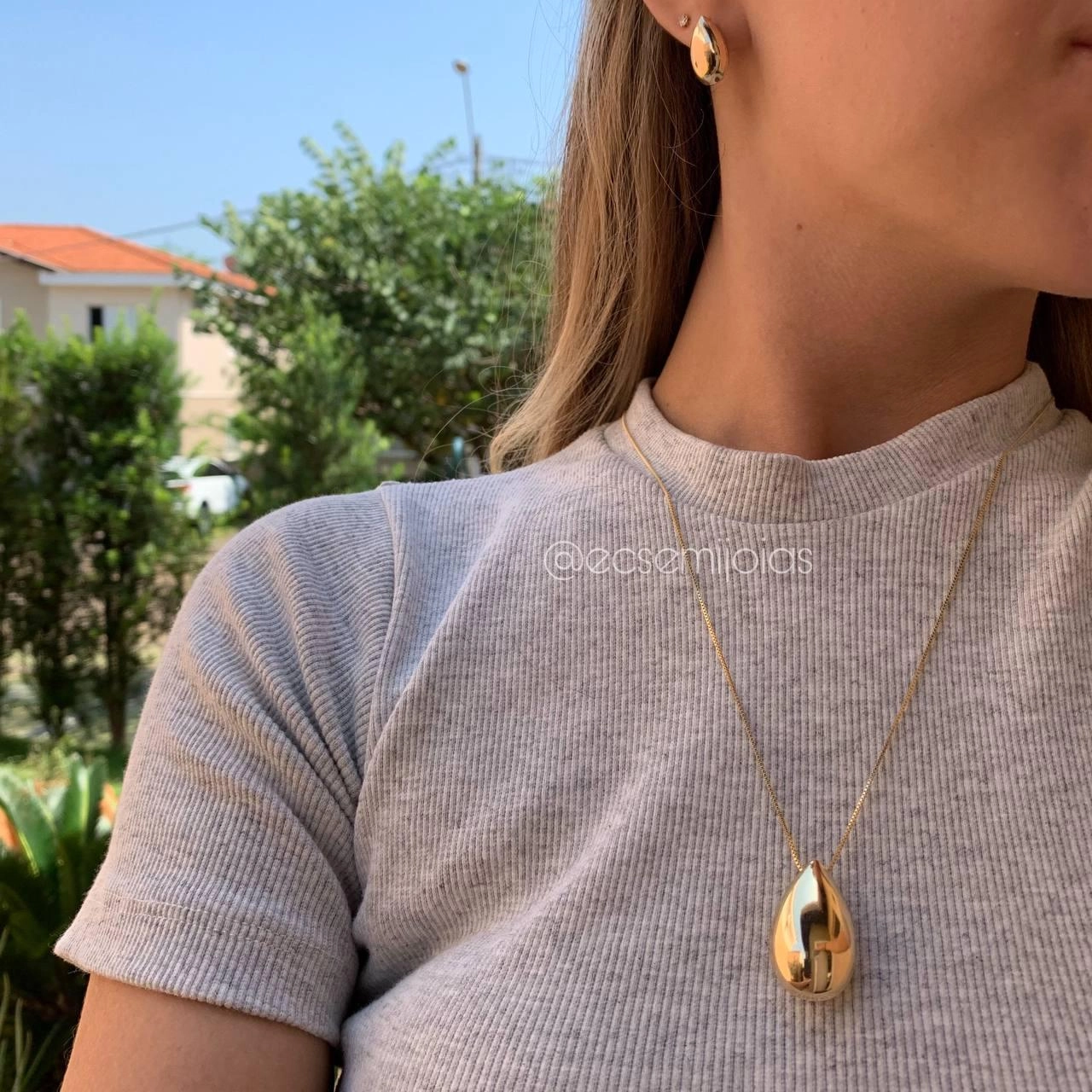 Conjunto de brinco e colar gota lisa grande - banhado a ouro 18k
