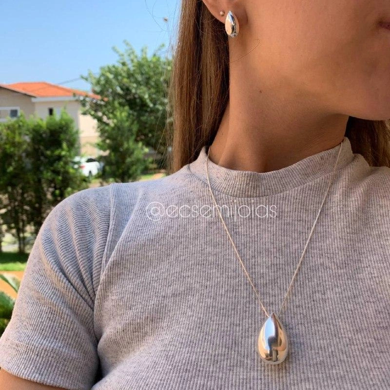 Conjunto de brinco e colar gota lisa grande - banhado a prata 925