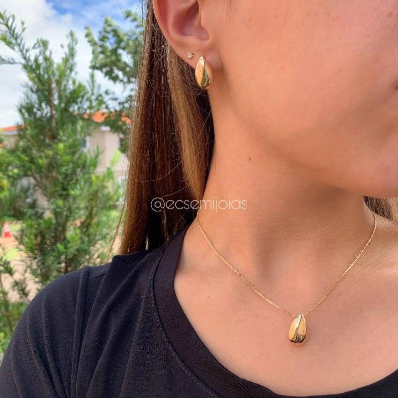 Conjunto de brinco e colar gota lisa pequena - banhado a ouro 18k