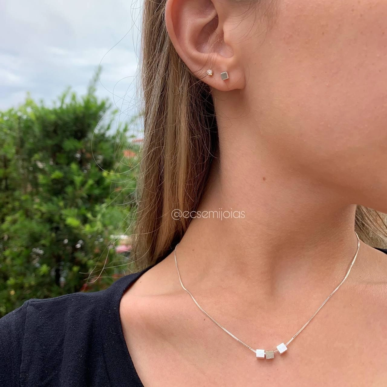 Conjunto de Brinco e Colar quadradinhos- PRATA 925