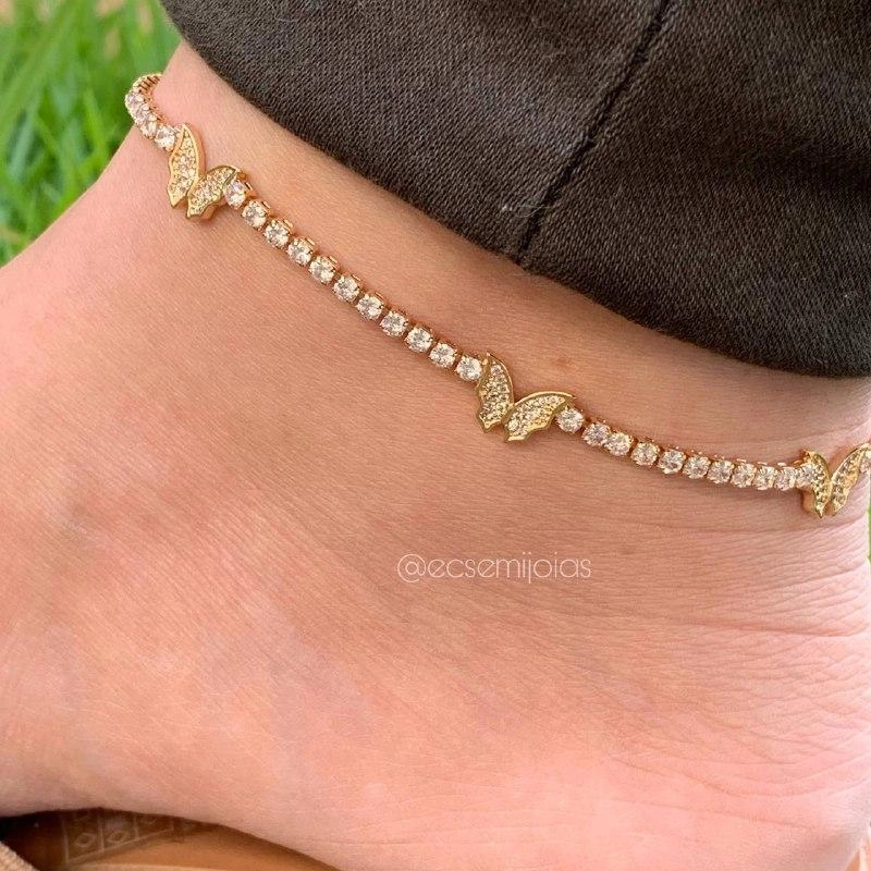 Tornozeleira riviera  com borboletas cravejadas - 25cm -banhado a ouro 18k