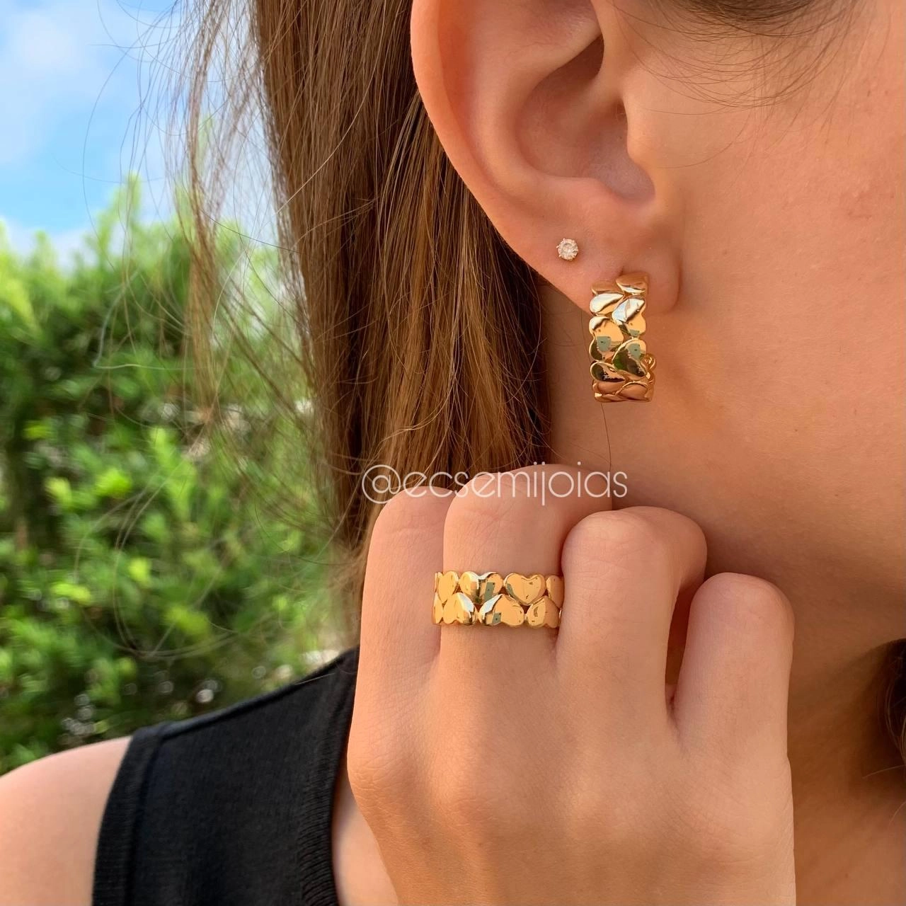 Brinco argola de coração e anel de coração - banhado a ouro 18k