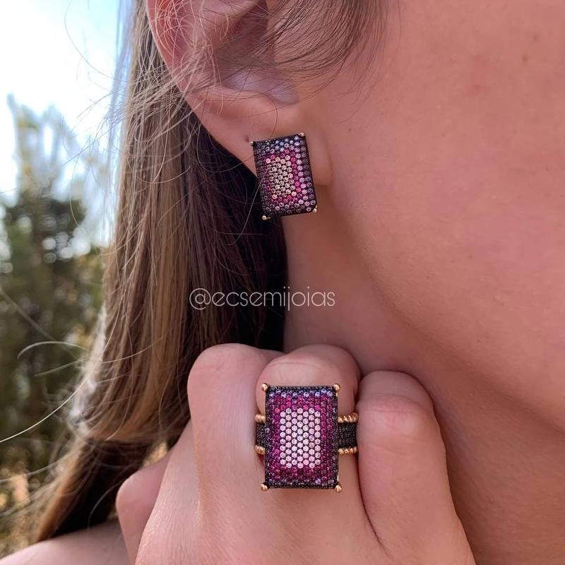 Brinco e anel retangular cravejado - banhado a ouro 18k