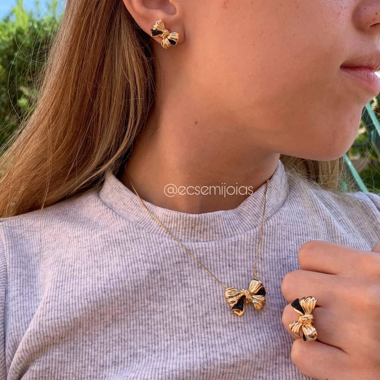 Conjunto brinco, colar e anel de laço cravejado - banhado a ouro 18k