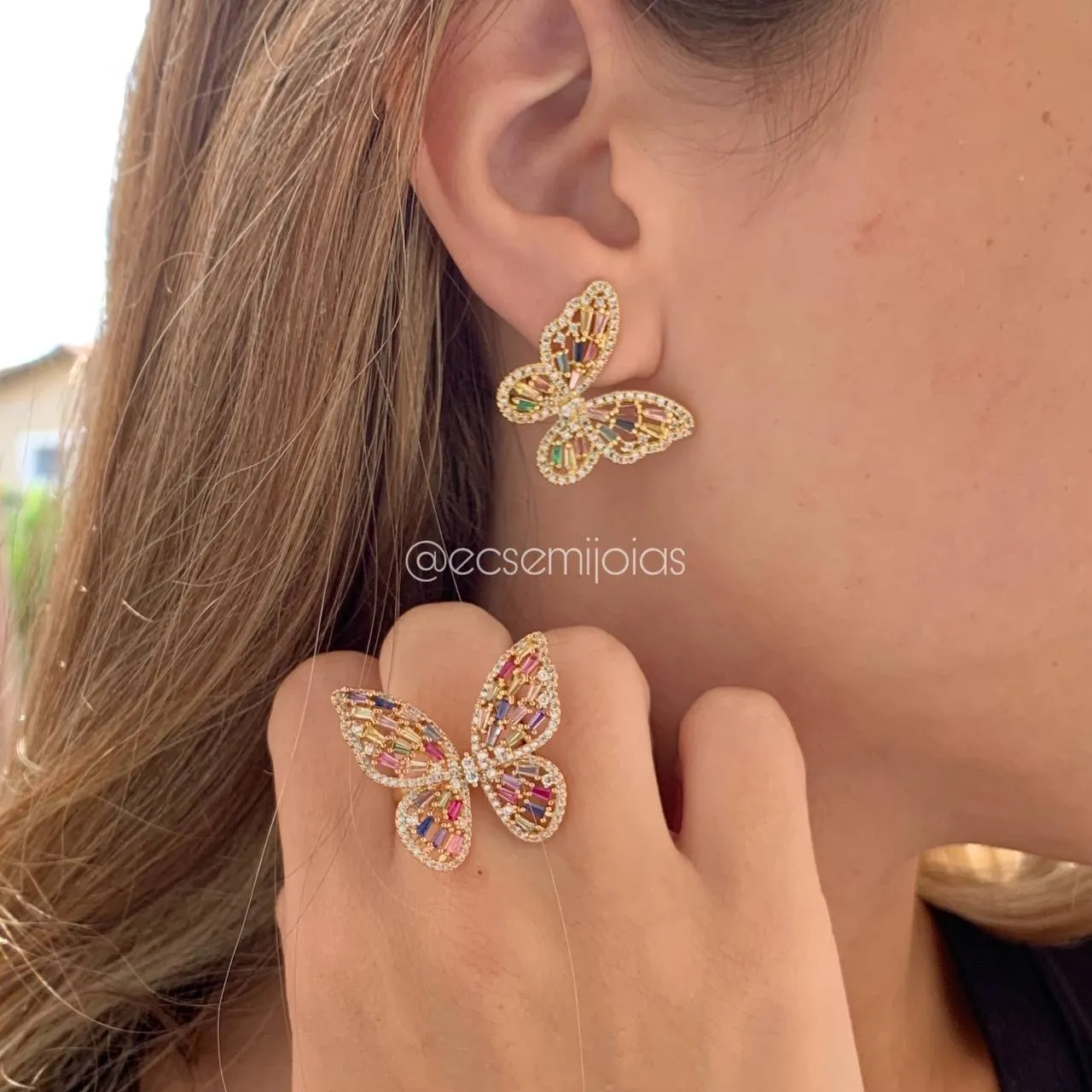 Conjunto brinco e anel borboleta cravejada - banhada a ouro 18k