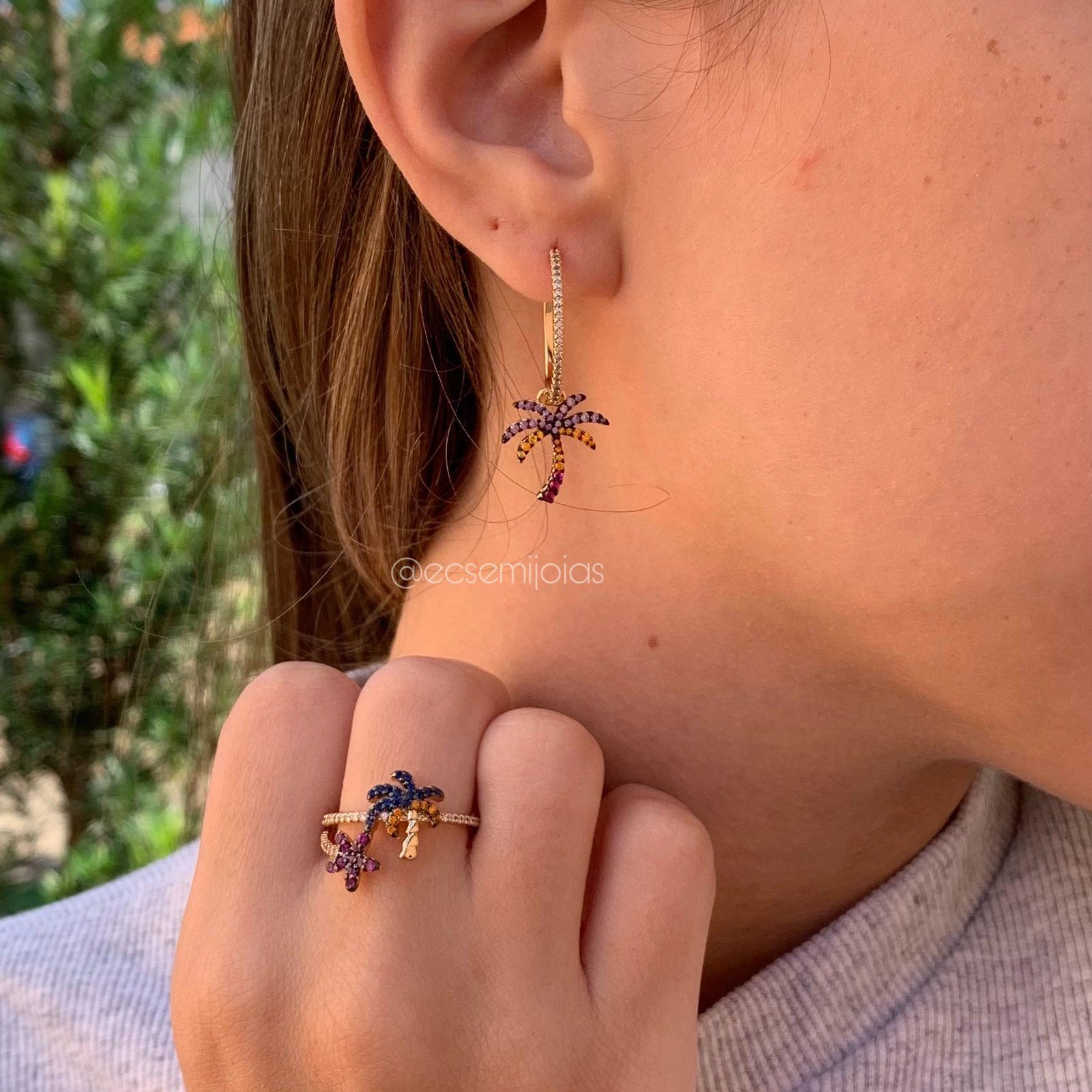 Conjunto brinco e anel coqueiro cravejado - banhado a ouro 18k