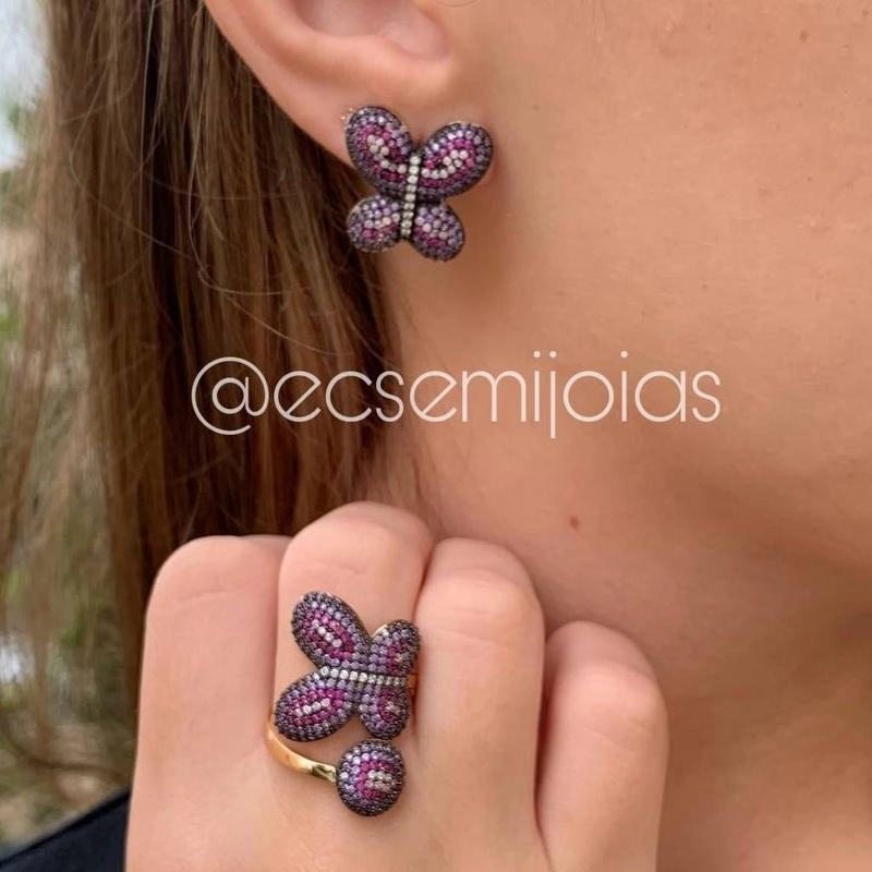 conjunto brinco e anel de borboleta cravejada - banhada a ouro 18k