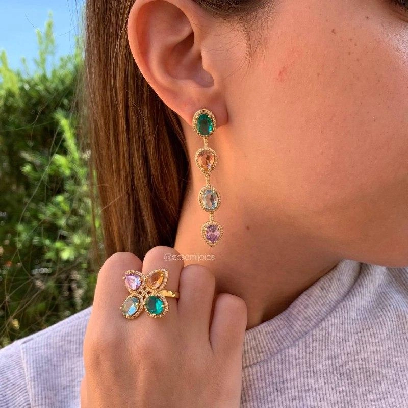 Conjunto brinco e anel de pedras coloridas - banhado a ouro 18k