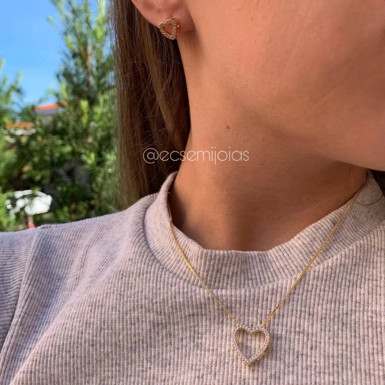 Conjunto de brinco e colar coração cravejado - banhado a ouro 18k - Love colors