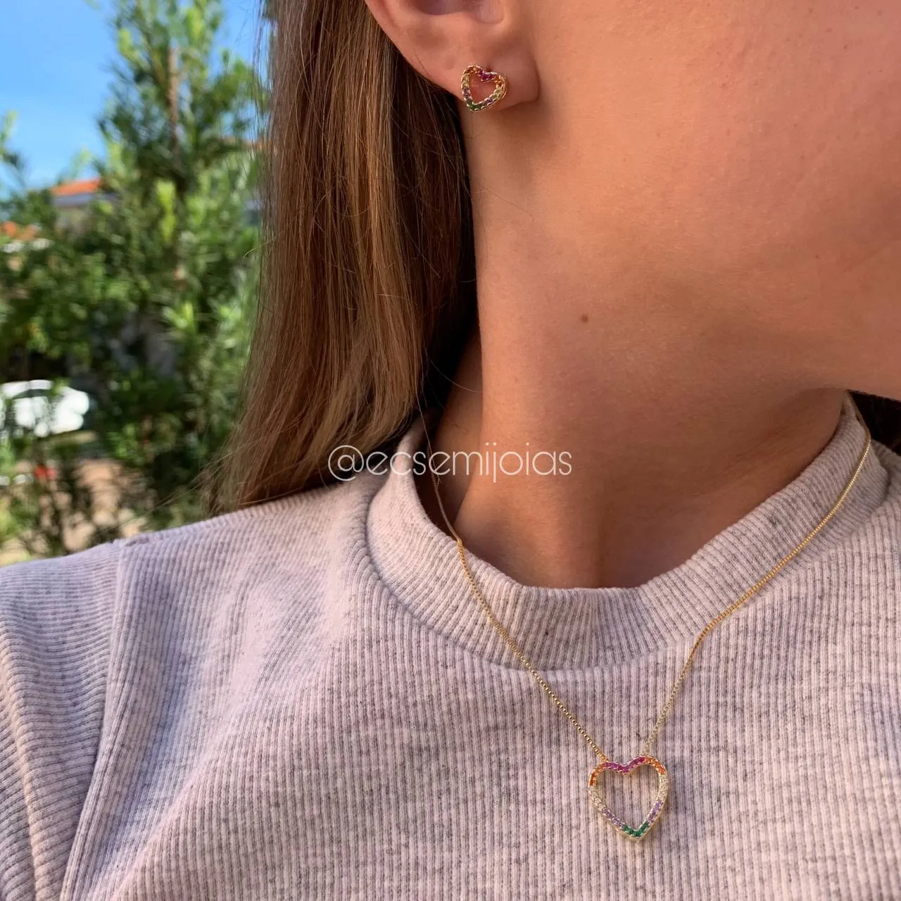 Conjunto de brinco e colar coração cravejado- banhado a ouro 18k - Love colors