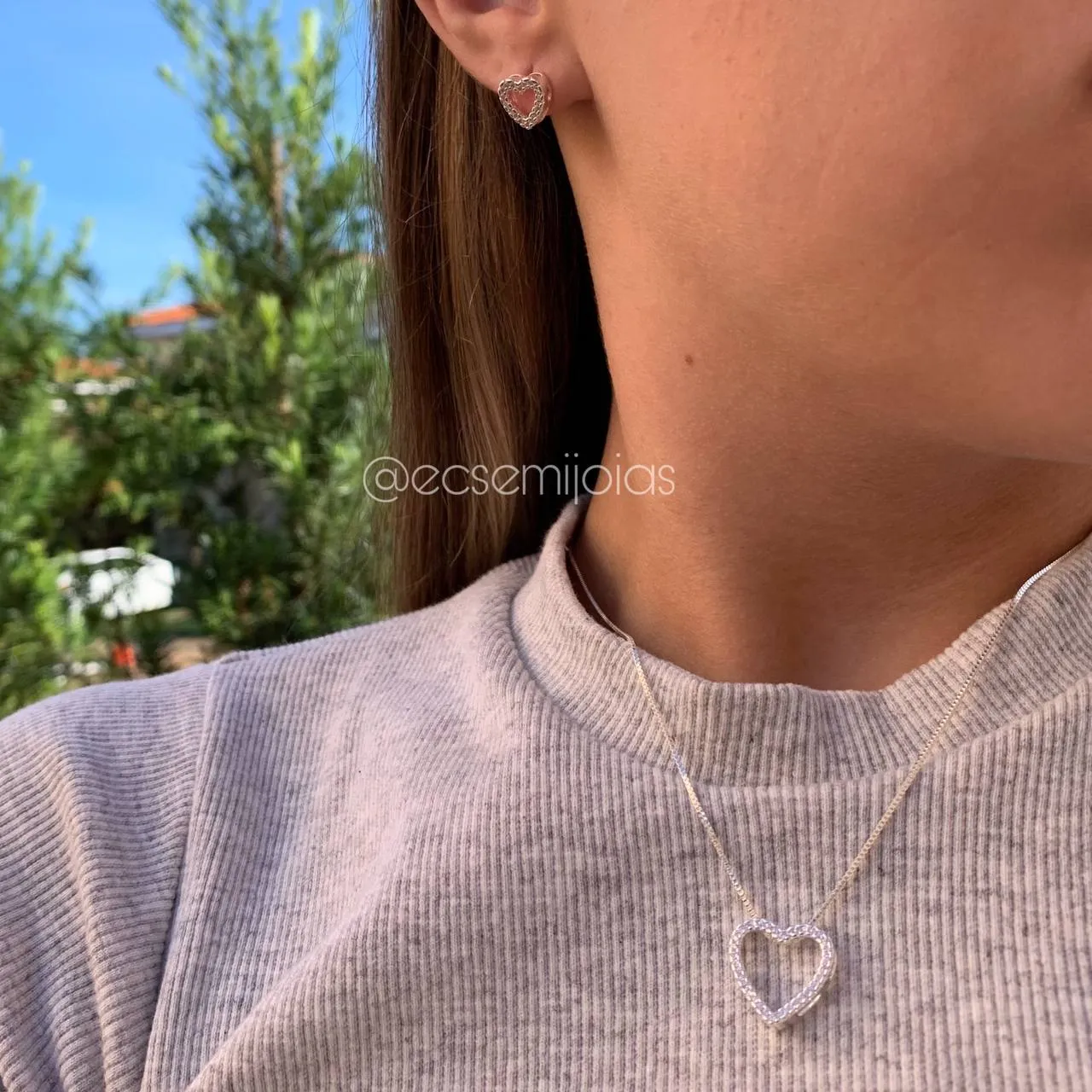 Conjunto de brinco e colar coração cravejado - banhado a prata 925 - Love colors