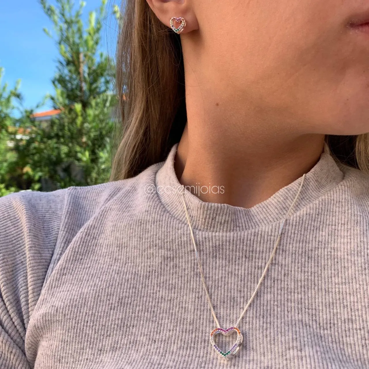 Conjunto de brinco e colar coração cravejado - banhado a prata 925 - Love colors