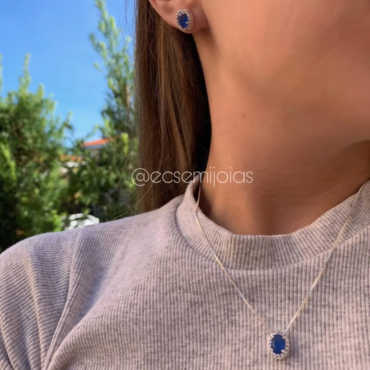 Conjunto de brinco e colar pedra oval cravejada em volta - banhado a prata 925 - coleção love colors